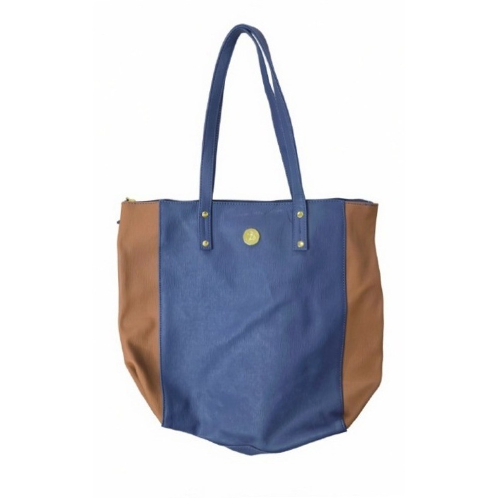 Joy Mangano Leather Colorblock Tote Bag Blue Cognac RFID Protection Large HSN